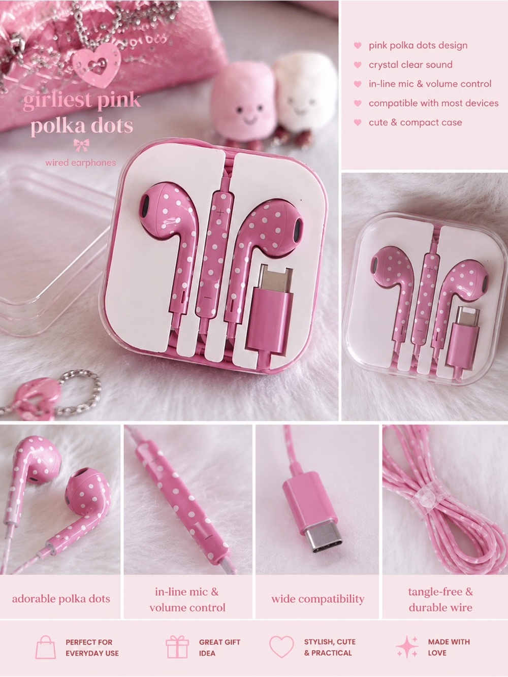 Pink Polka Dot Wired Earphones y2k